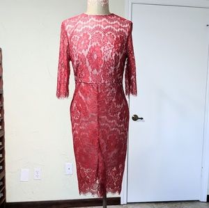 L'Atiste by Amy red lace dress bodycon hi low hem midi stretch